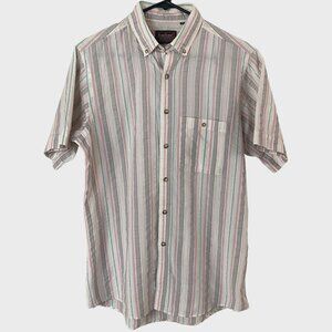 Evan-Picone Multi-Stripe Button-Down Shirt Mens Medium White Casual Short-Sleeve